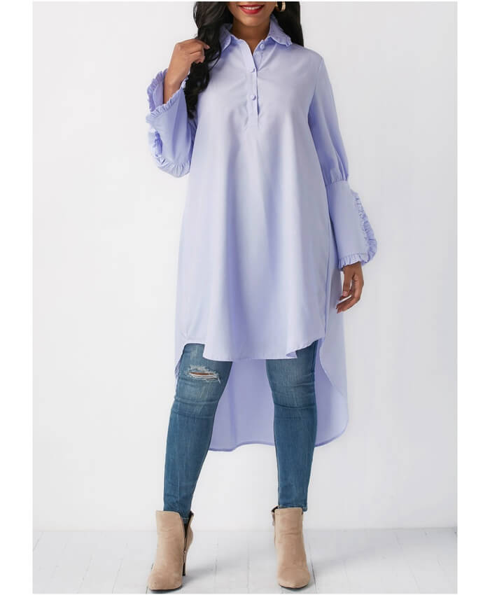 Light Blue Dip Hem Turndown Collar Blouse